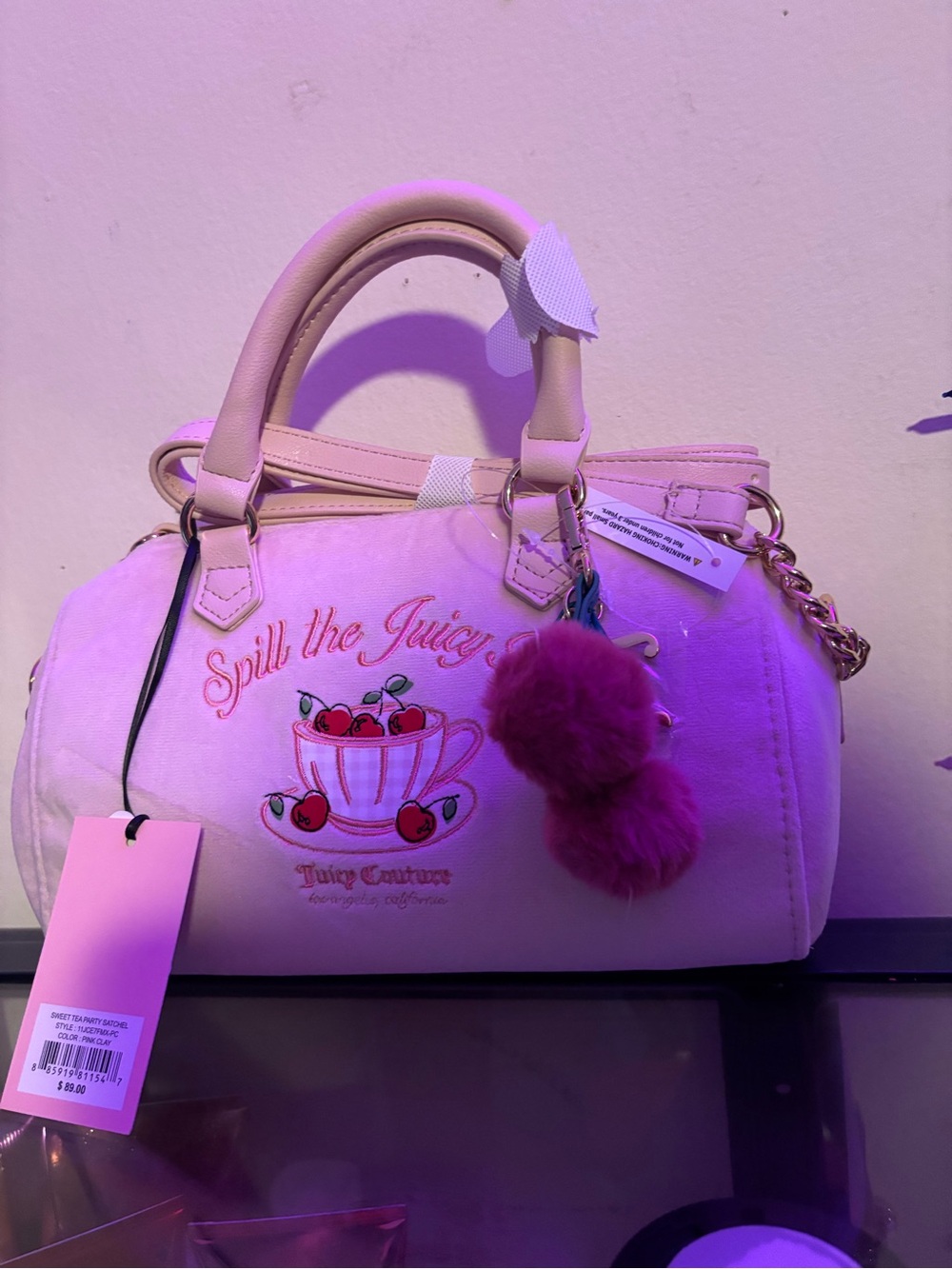 Juicy Couture Pink Embroidered 'Spill the Juicy' Dome Satchel with Pom-Pom Charm